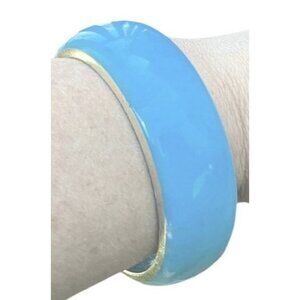 Vintage Chunky Y2K Turquoise Blue Lucite Bangle Bracelet with Gold Tome Edging